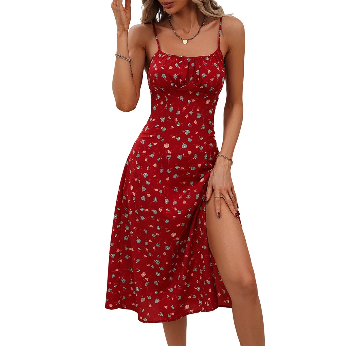 CYL-Abito estivo floreale da donna Abito longuette con cinturino per spaghetti Abito diviso senza schienale Abito boho da spiaggia per le vacanze