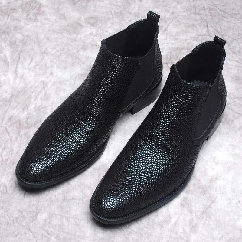 

Fashion Snake Pattern Men's Genuine Leather Ankle Boots Slip On Black Pointy Men Dress Boots Formal Brand Chelsea Boots Men Shoe