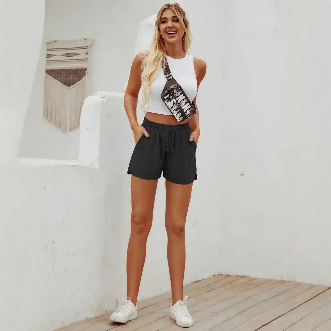 High-Quality Solid Color Fashionable High-Waisted Casual Straight Drawstring Shorts Pant SummerWomen's Clothing
