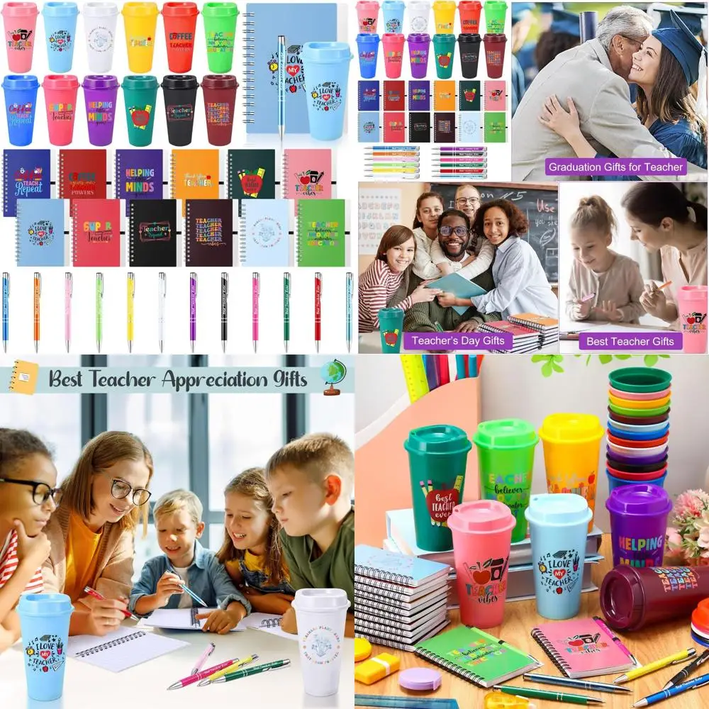 

Bulk 72 Piece Teacher Appreciation Gift Sets: 16oz Plastic Coffee Cups, Lids, Notebooks, and Ballpoint Pens for Thanksgiving and