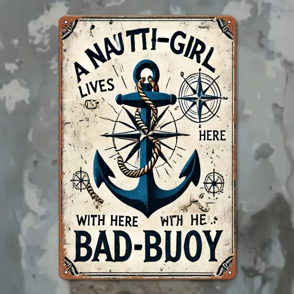 （2D Tin painting）Vintage Nautical Metal Sign - Anchor & Compass Funny Wall Decor for Beach House
