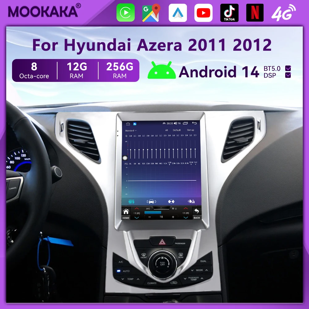 10.4 inch Android 14 Screen For Hyundai Azera 2011 2012 Android Auto Carplay Tesla Style Car Radio Multimedia Player Navigation