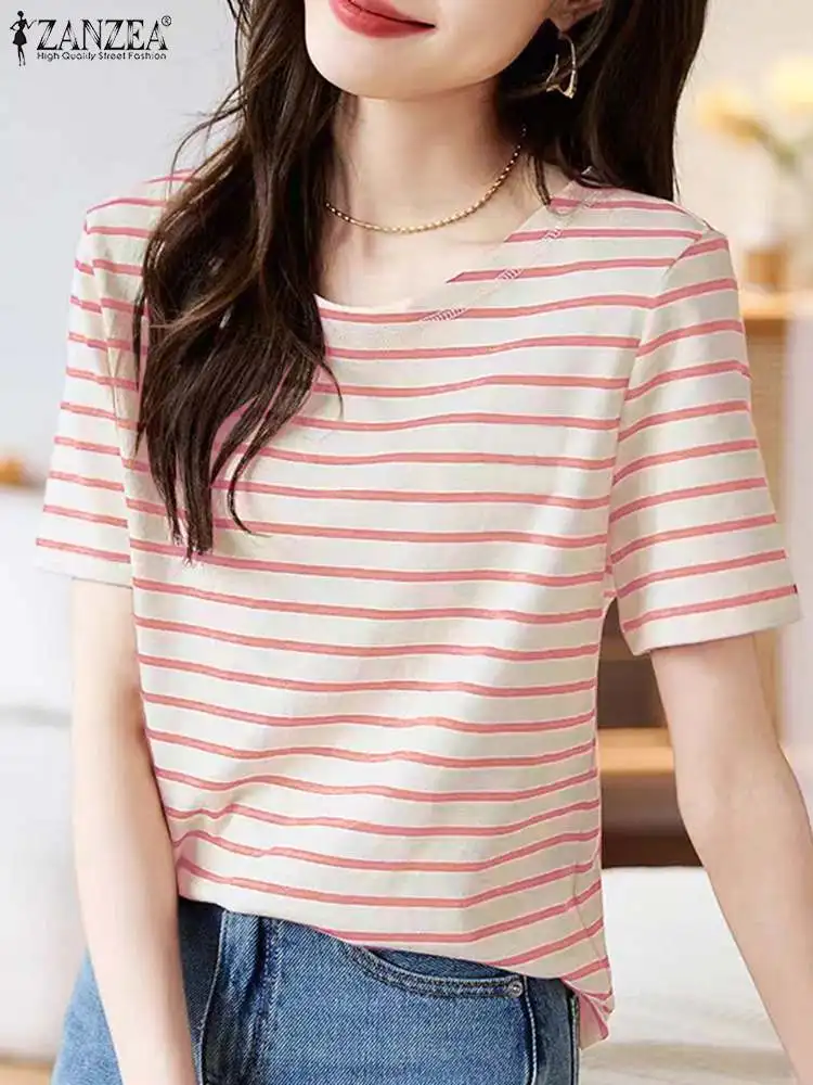 

ZANZEA Vintage Shirts 2024 Fashion Striped Blouse Women Summer Short Sleeve Tops Round Neck Casual Loose Blusas Ladies Clothing