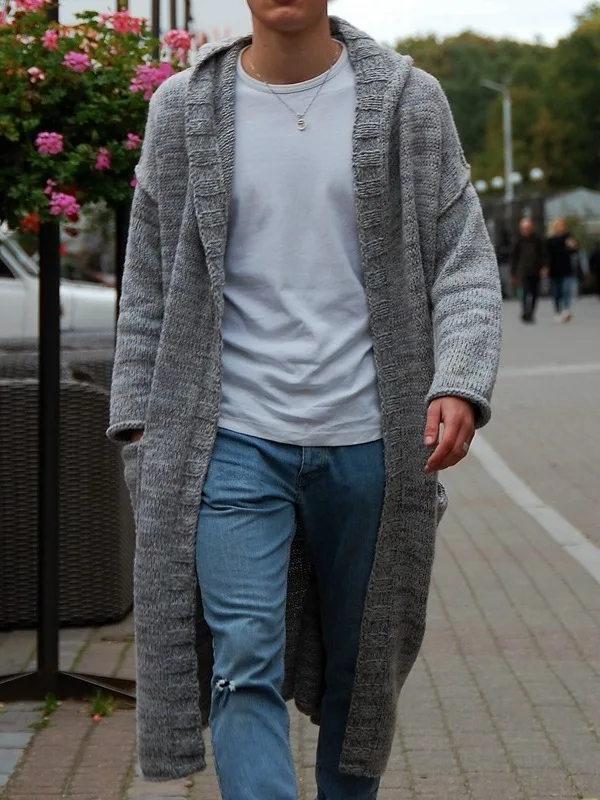 

Men's Autumn Winter Thin Knitted Long Casual Loose Fit Hoodie Open Cardigan Sweater Jaet Comfortable Double Knit Youth Faion
