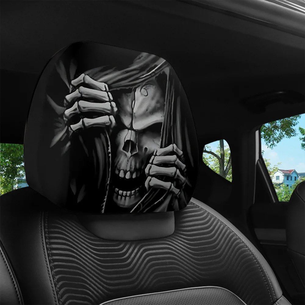 1pc/2pcs, Skull Dark Style Printed Pattern Car Headrest Cover, Car Interior Decoration, Universal Fit, Washable, Easy to Insta