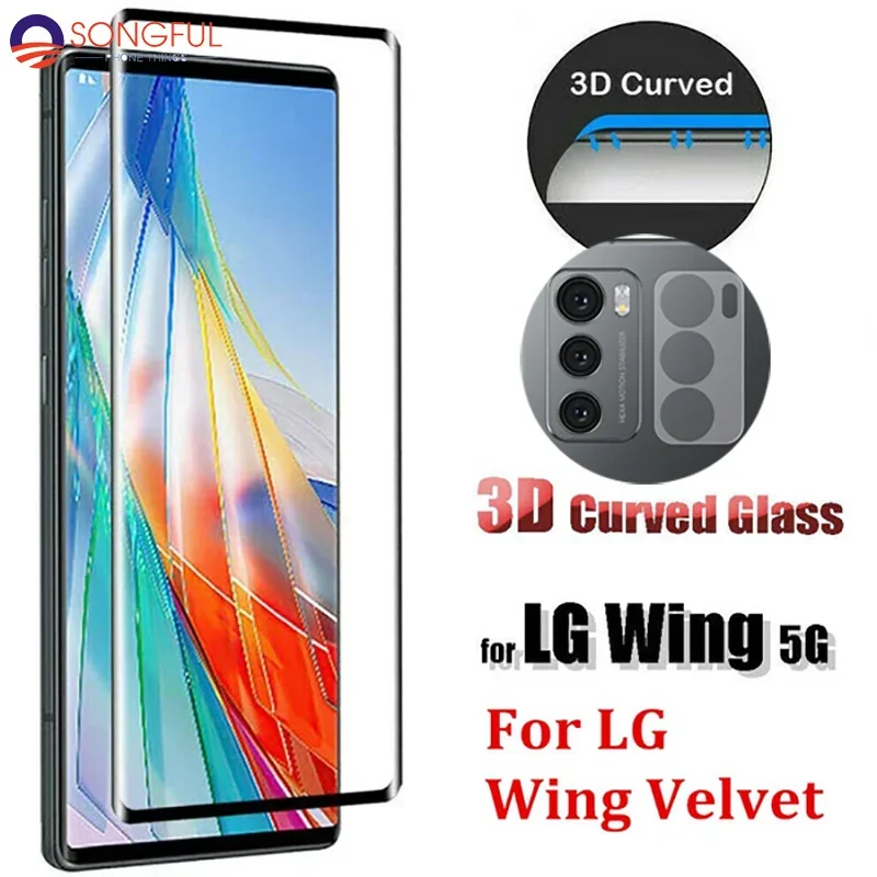 2-Pack Glass For LG Wing Velvet 3D Curved Screen Protector Full Coverage Protective Film For LG Wing LG Velvet Camera Lens Film