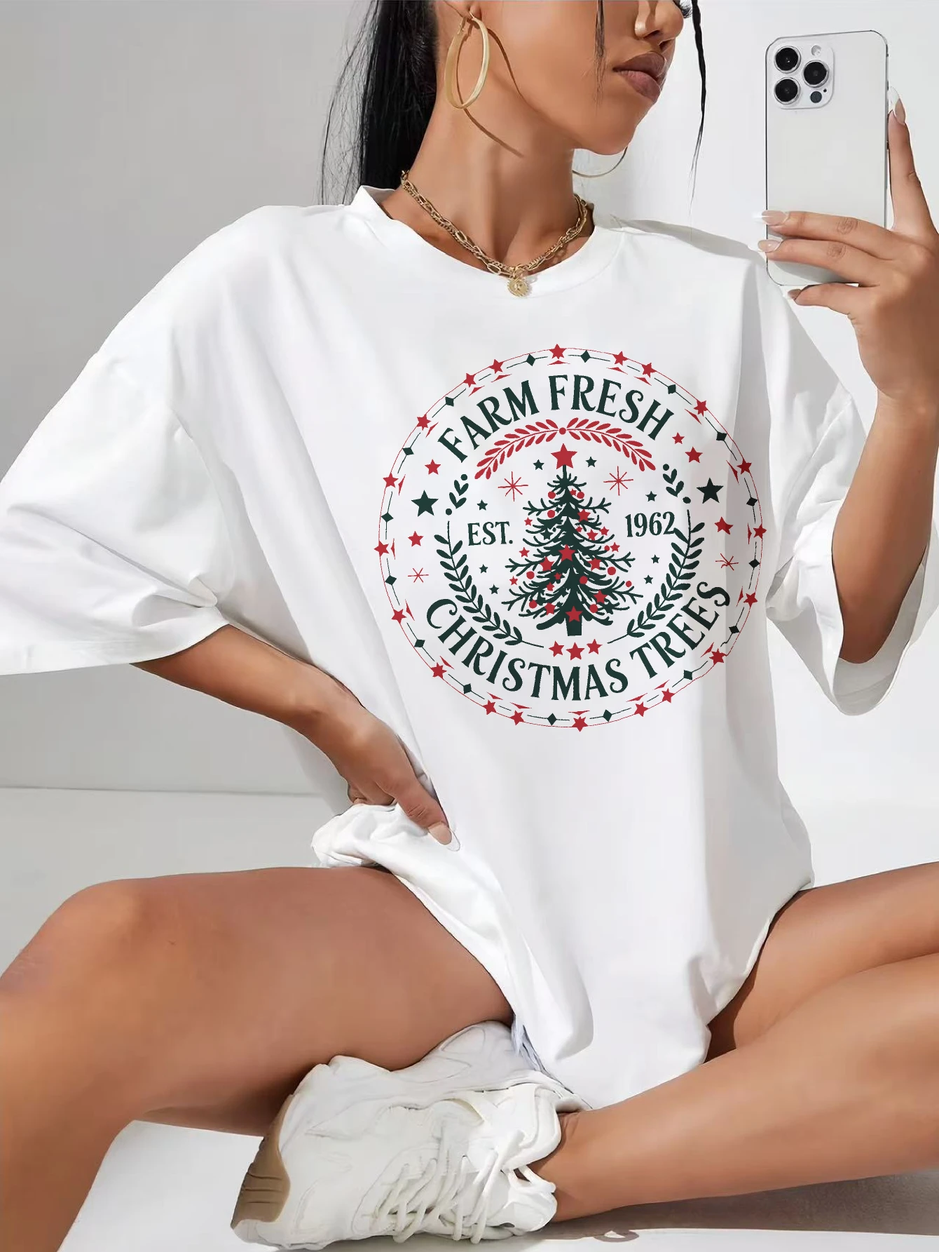 

Farm Fresh Christmas Tree Casual Women's Cotton T-Shirt White Comfortable for Winter Plus Size Christmas