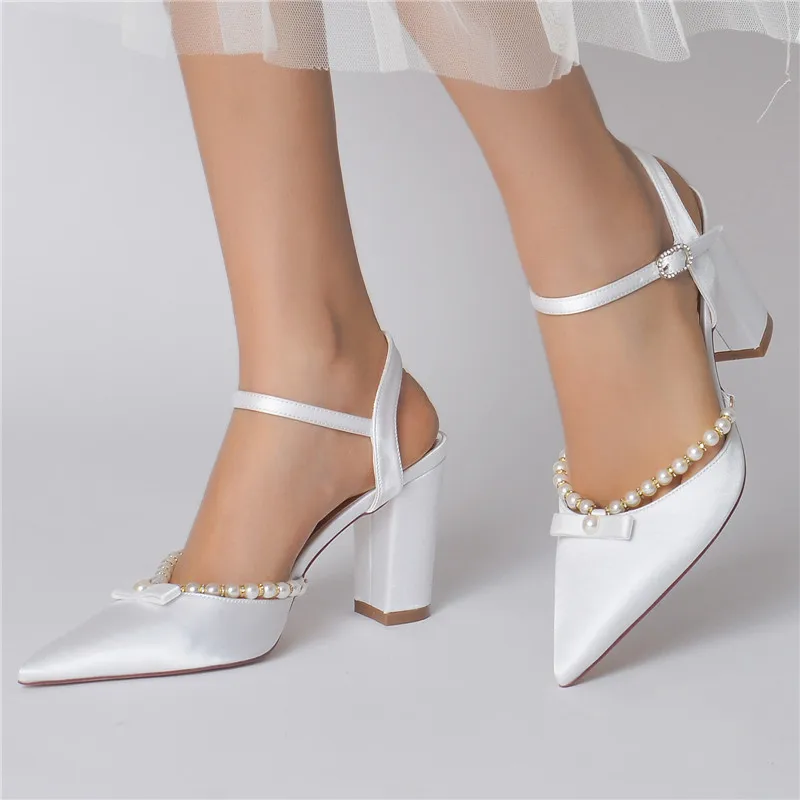 Satin Pearls Block Heel Wedding Shoes for Bride Pointed Toe Buckle Strap Women Heels Sandals for Party/Engagement/Evening/Prom