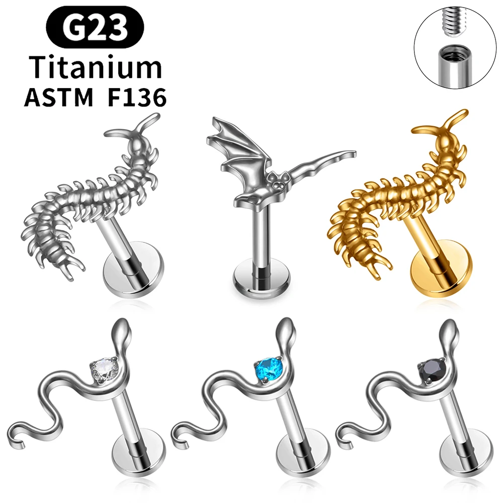 ASTM F136 Titanium Gothic Centipede Cartilage Earring Punk 16G Snake Labret Stud Helix Tragus Conch Snug Ear Piercing Jewelry