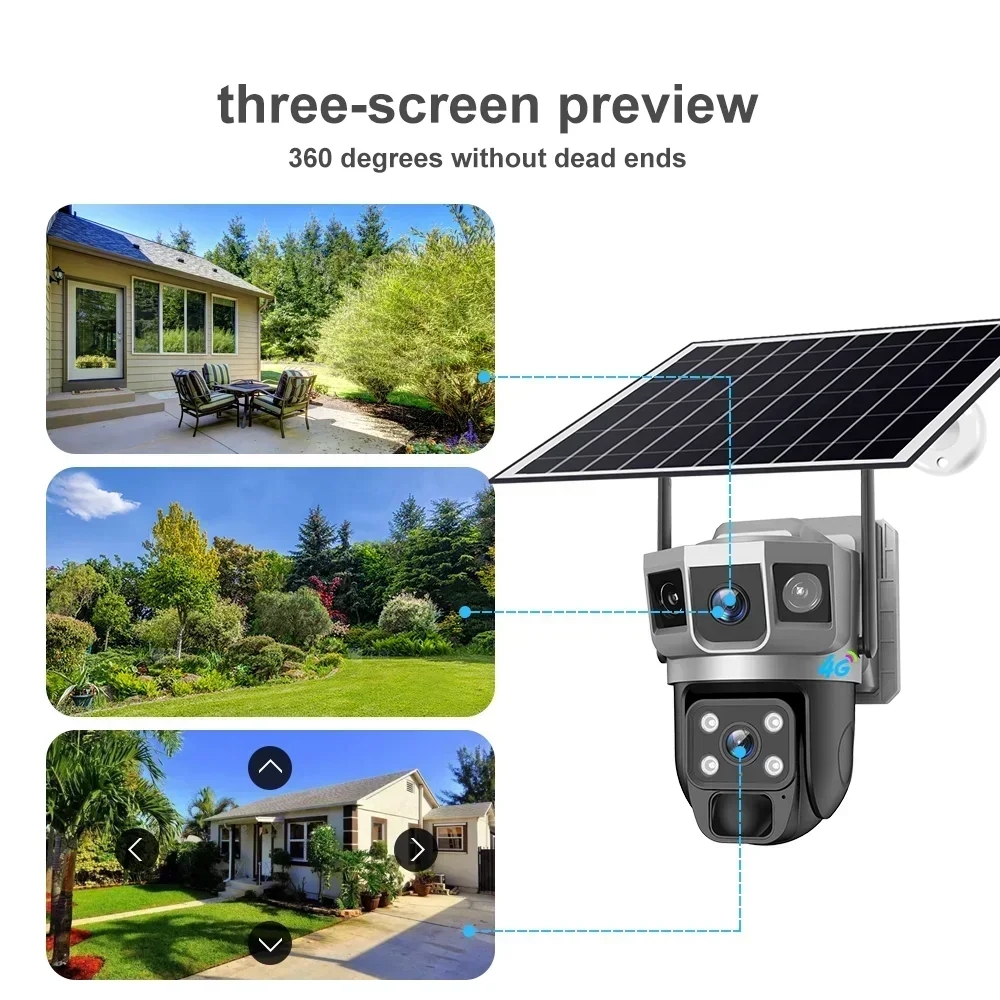 12MP Solar Camera 4G Sim Outdoor Dual Lens Three Screen 6K IP Camara Solar Panel CCTV Security Built in Battery PIR Cam V380