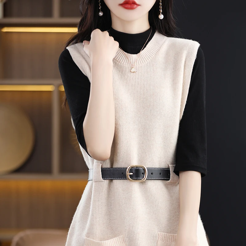 BELIARST 2023 Spring New 100% Merino Wool Dress Women\'s Round Neck Knitted Long Sweater Fashion Korean Sleeveless Wool Dress