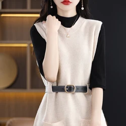 BELIARST 2023 Spring New 100% Merino Wool Dress Women's Round Neck Knitted Long Sweater Fashion Korean Sleeveless Wool Dress