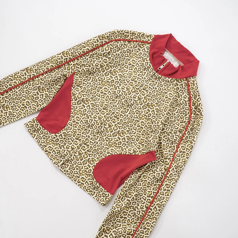 CUTENOVA Set Motif Macan Tutul Wanita Diblokir Warna dengan Atasan Lengan Panjang Ritsleting Kerah Berdiri + Set Pendek Serut Pinggang Tinggi