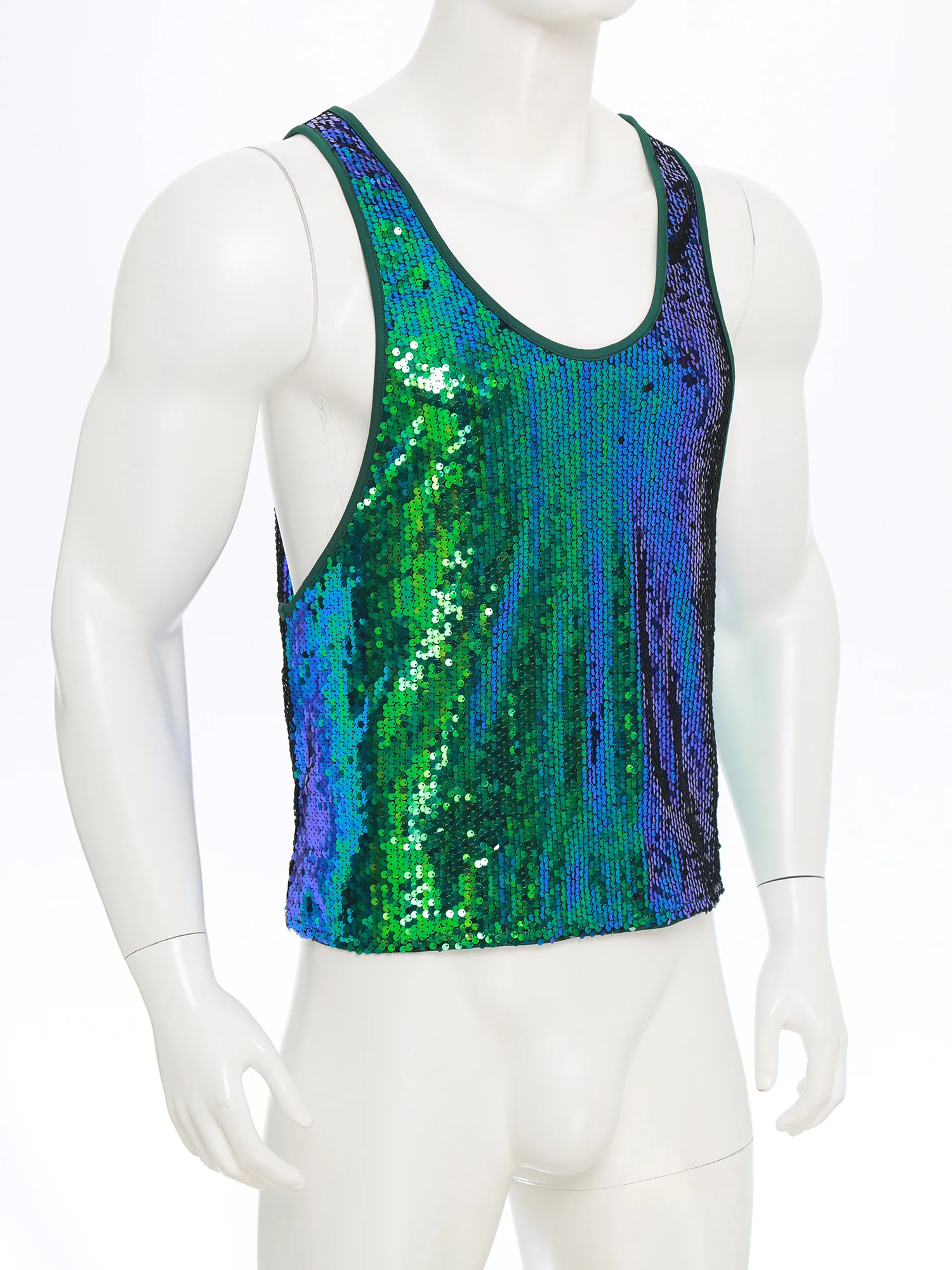 Mens Glitter Sequin Disco Club Vest Tank Top Low Crew Neck Smooth Lining Waistcoat Shiny Bodybuilding Top Dancing Party Costume