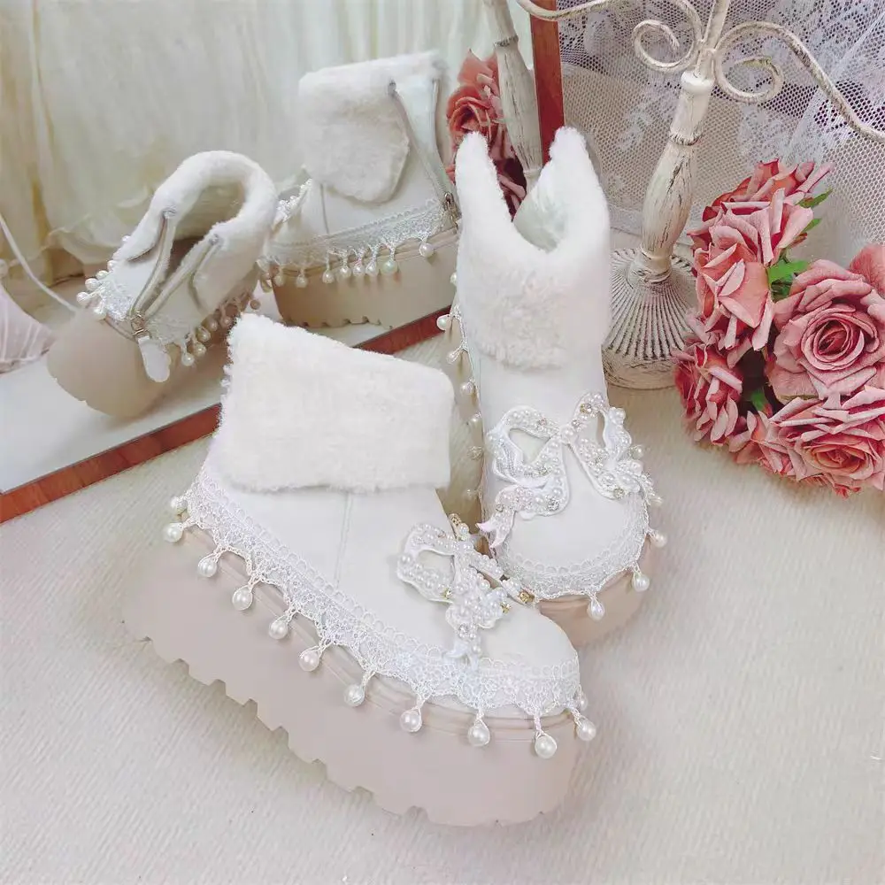 White pearl rhinose tassel beads sweet cotton boots large cute short tube non-slip female cotton shoes 34-40