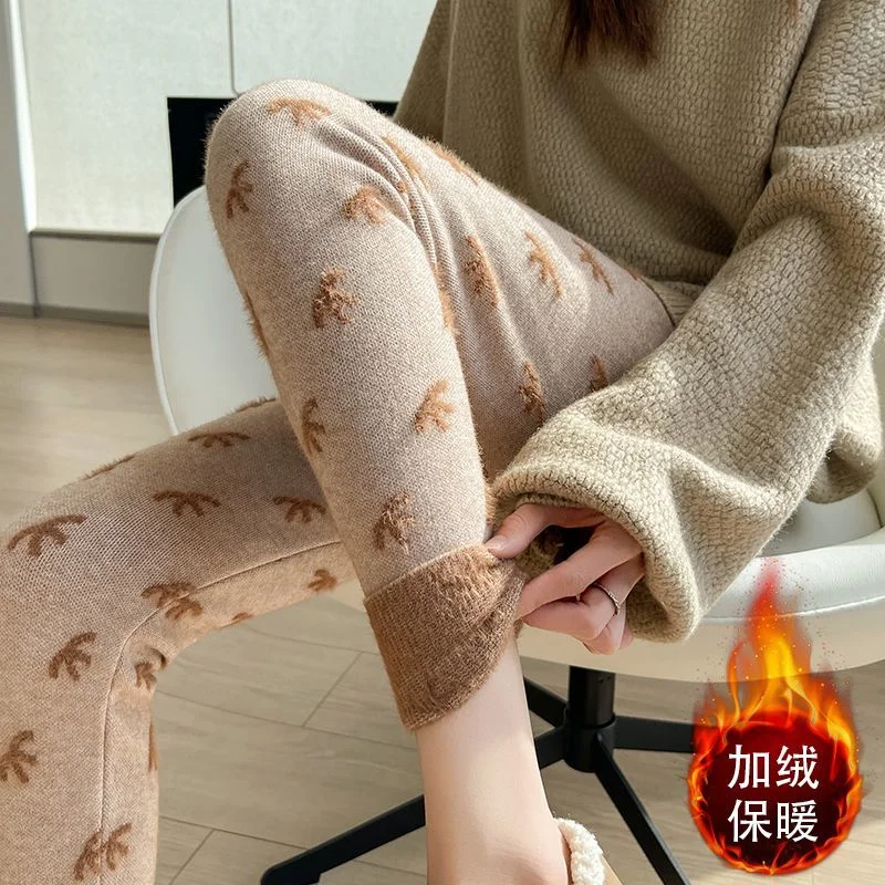 Thick Velvet Jacquard Cashmere Leggings Women's Autumn Winter Outer Wear Warm Knitted Pajamas Tight Elastic Leggings