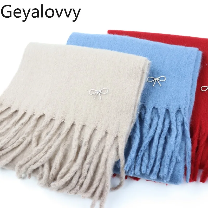 Сплошной цветной шарф из искусственного мохера в японском стиле для женщин, зимняя теплая шаль с кисточками, универсальная теплая шаль со стразами и бантом на шею