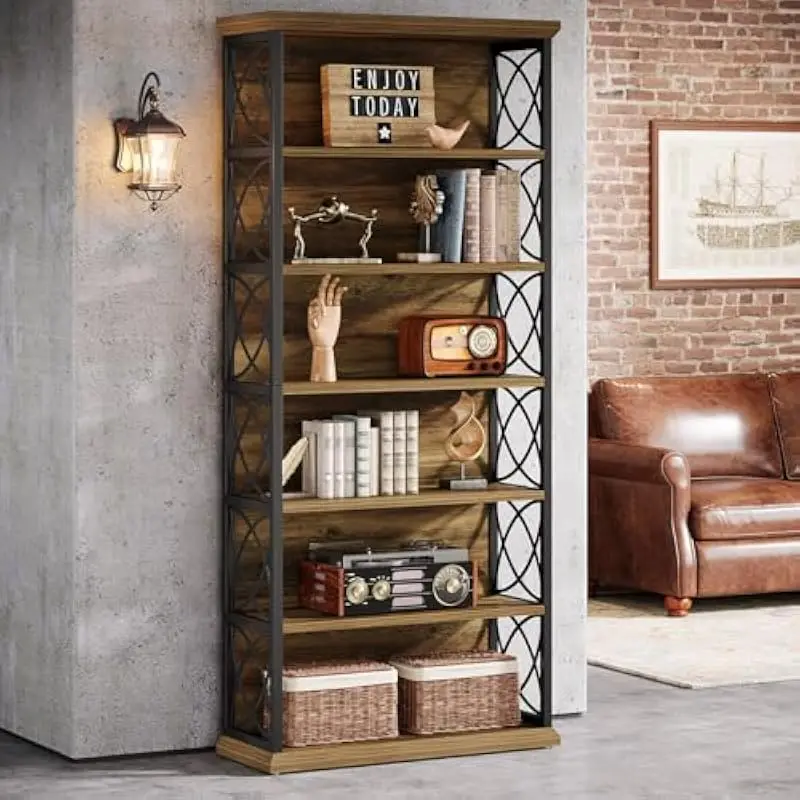 73 inch tall industrial-style freestanding etagere with six open shelves made of engineered wood and metal frame for living room