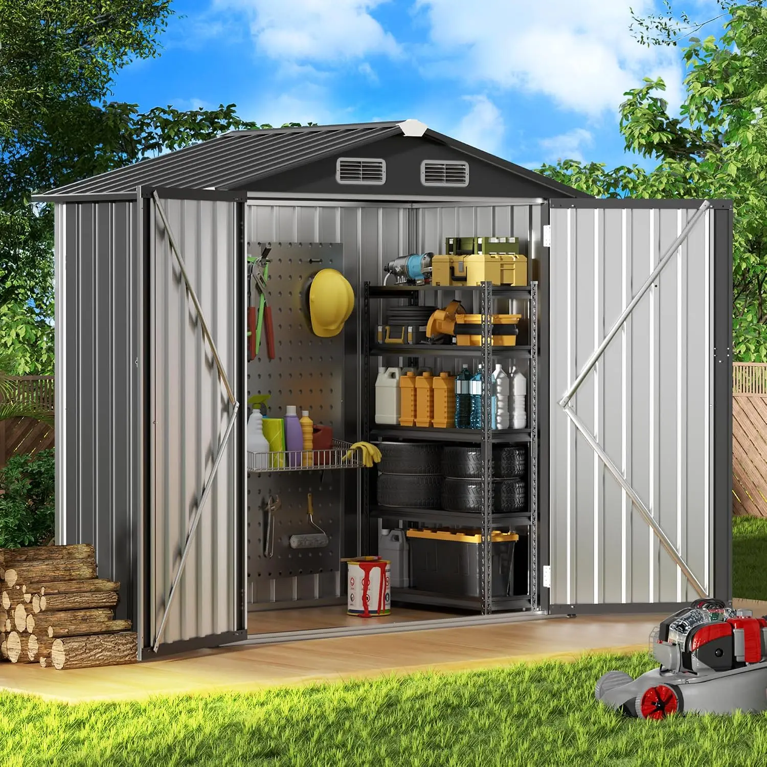 5.6 x 3.2 FT Outdoor Metal Storage Shed, Lockable Steel Garden Tool Shed with Sloped Roof for Backyard Patio Lawn(Black)