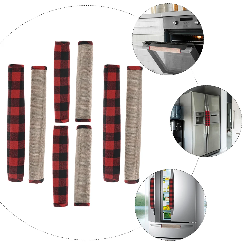 

8pcs H Covers for Fridge Microwave Oven Christmas Plaid Knob Kitchen Decor Tidiness Anti Stains Sauce Xmas Kitchen Supply Oil