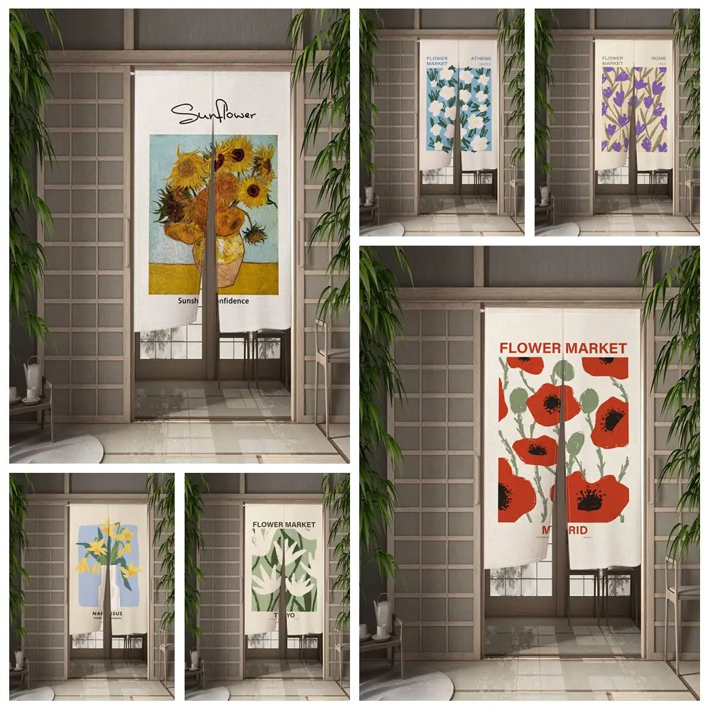 Cortina de puerta Floral nórdica, flor de girasol, cortina de lino japonesa bohemia, decoración de partición para cocina y dormitorio, medias cortinas colgantes