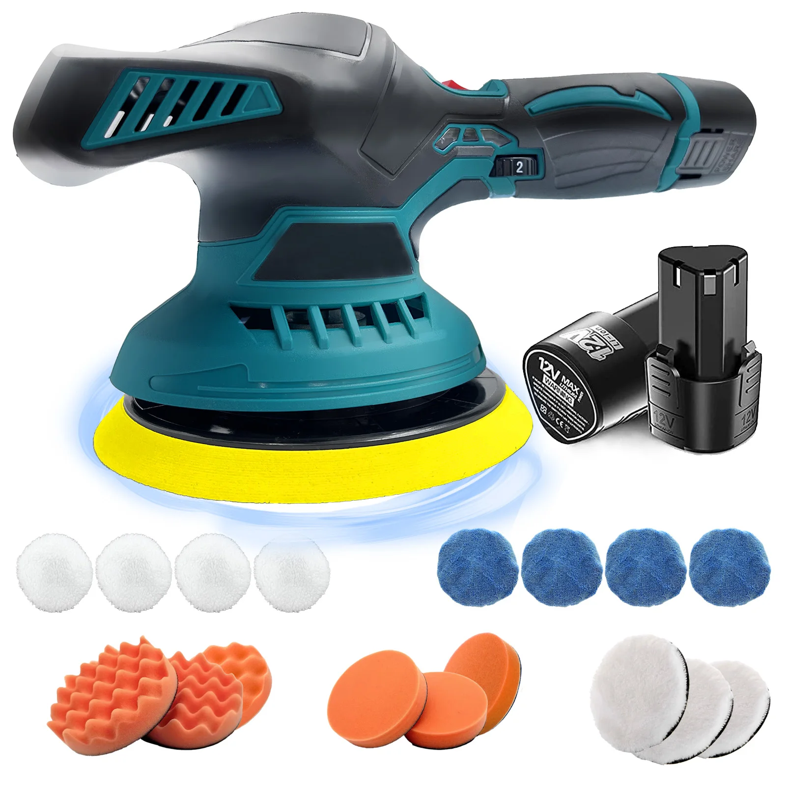 12V Cordless Buffer Polisher with 3x 1500Ah Battery, 6 Variable Speeds, Car Buffer Polisher Kit for Car Polishing/ Waxing