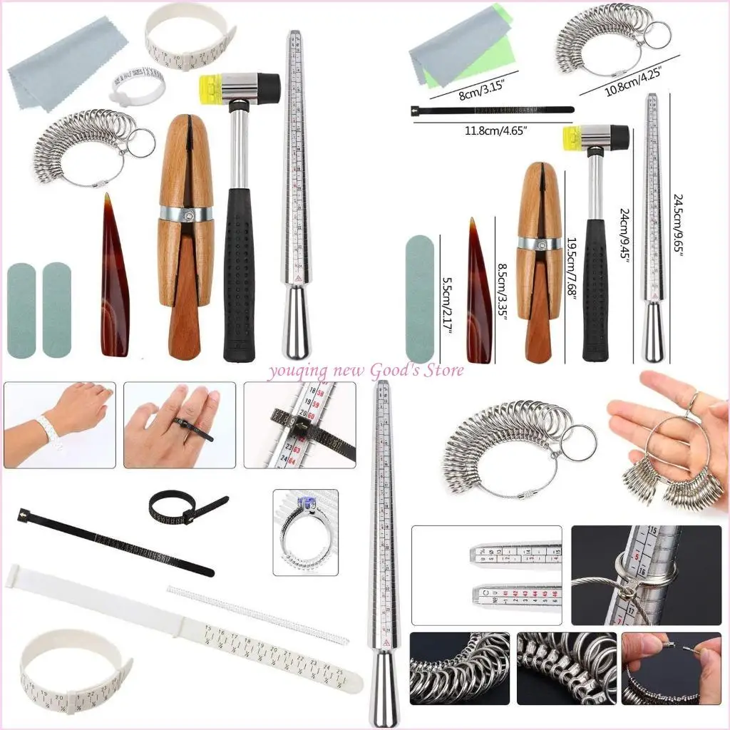 

57QA 11Pcs Metal Mandrel Finger Sizing Guage Jewelers Hammer Ring Clamps Tools