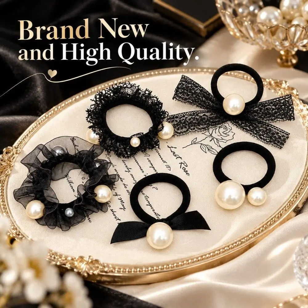 5Pcs Simple Black Color Pearl Hair Ties Pearl Decoration High Elasticity Lace Headdress Hair String For Women