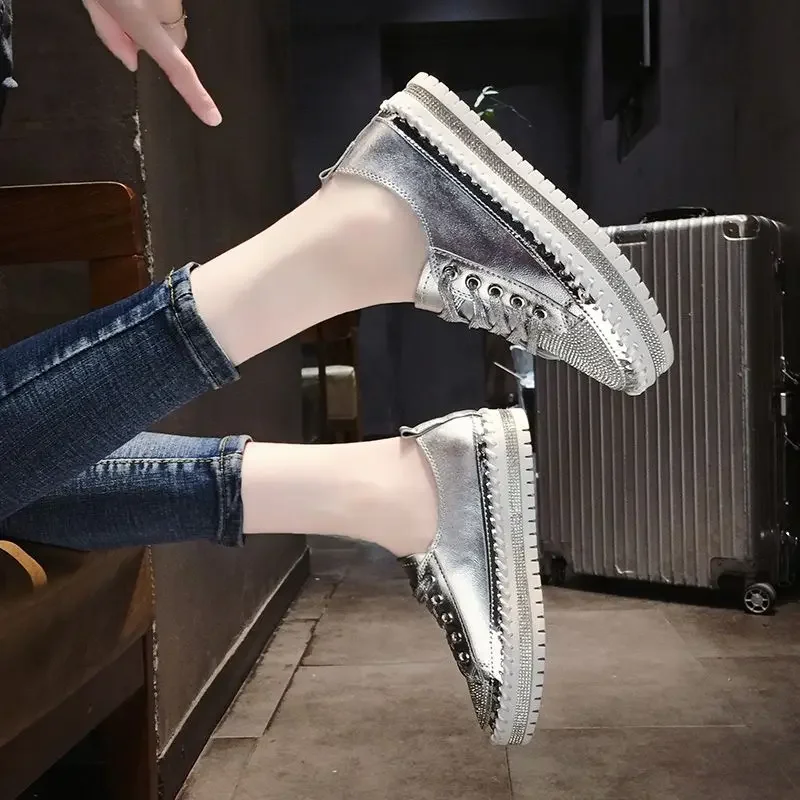 Low Loafers Whit With Crystals Rhinestone Ladies Shoes Lace Up Diamond Women Footwear High On Platform Urban High Quality Price