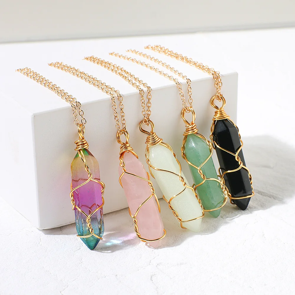 Natural stone color crystal hexagon necklace for women retro simple powder crystal clavicle chain accessories jewelry for women