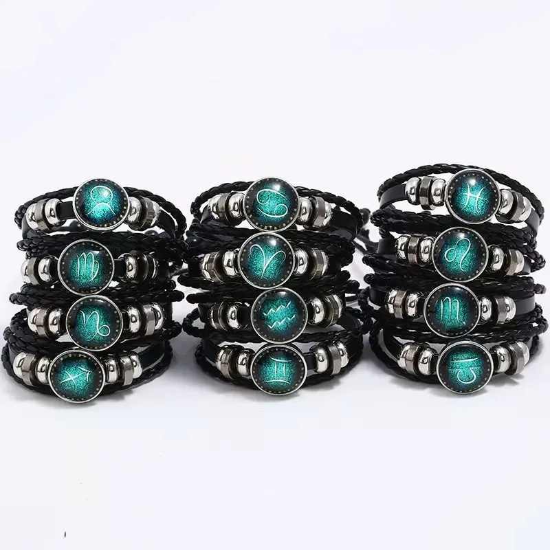 12pcs/Set Hand-Woven Constellation Leather Bracelets Adjustable Multi-Layer Luminous Bangle Men Women's Jewelry Gifts