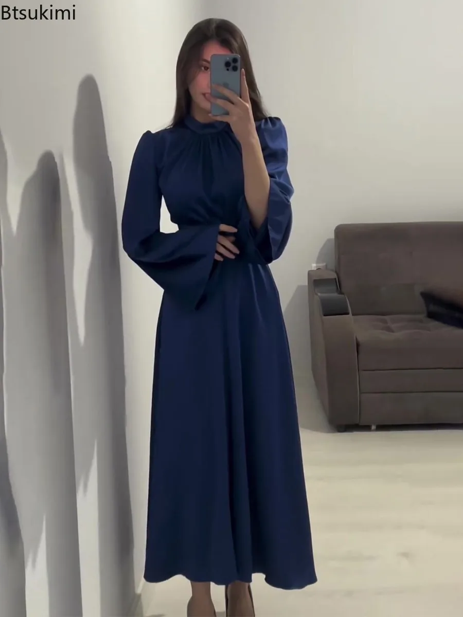 2025年春新作 レディース サテン ロングドレス ファッション エレガント ハイネック 長袖 レースアップ ドレス セクシー スリム パーティー イブニングドレス