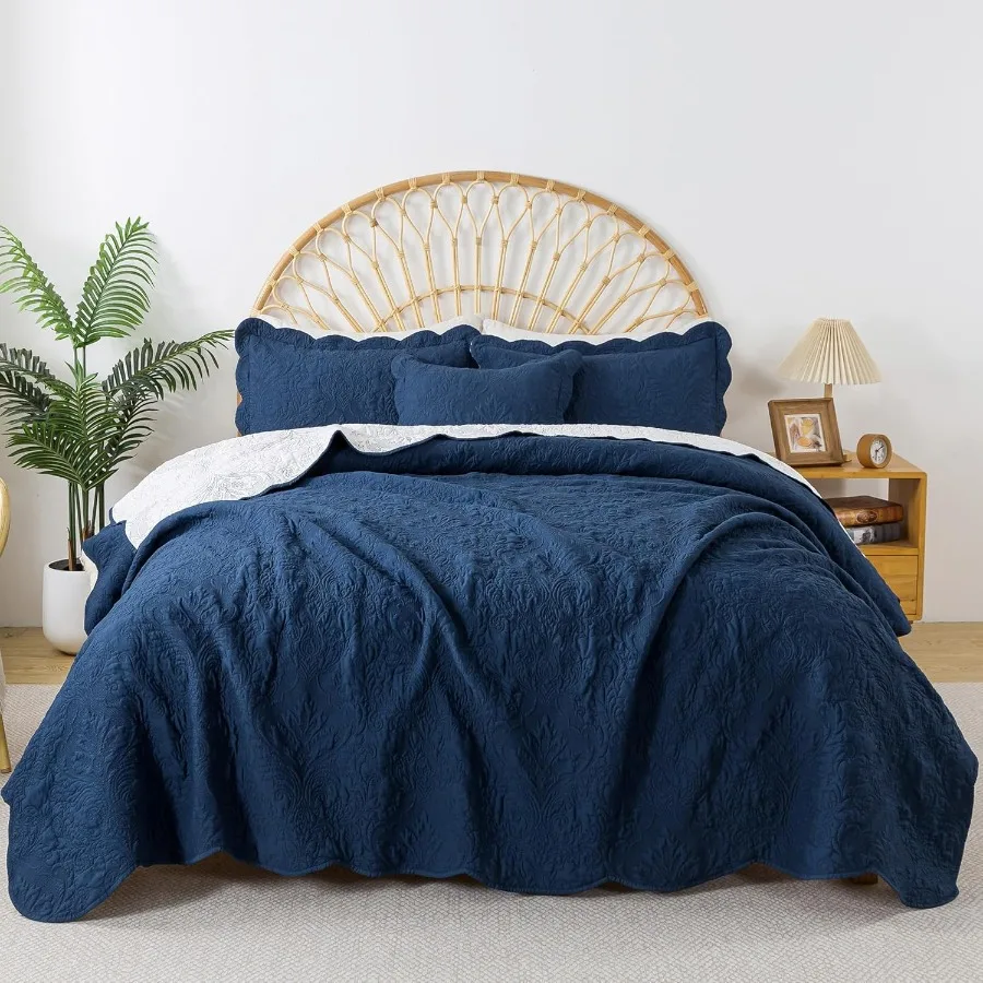 

King Size Microfiber Quilt Set - Lightweight Retro Bed Cover for King Bed 3-Piece All Season Navy Bedspreads