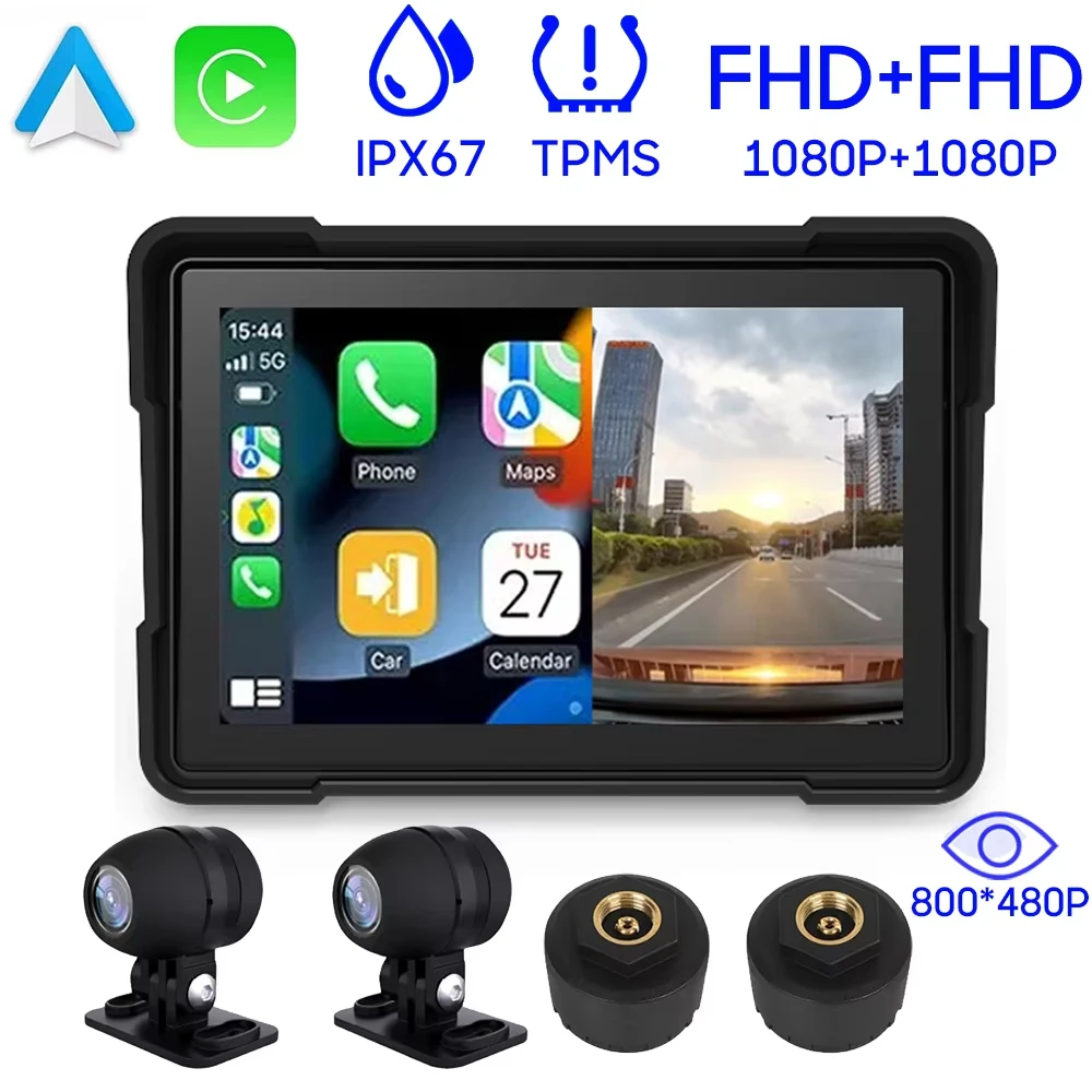 

FOR Motorcycle Carplay Waterproof 1080P 5 Inch WiFi Wireless Android-Auto DVR Monitor Dash Cam GPS Navigation TPMS portable