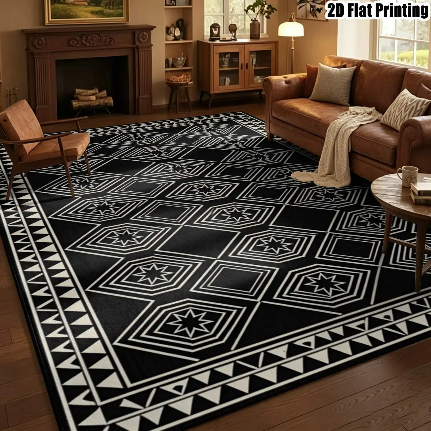 1Pc 2D Printed Black White Geometric Star Pattern Carpet, Modern Simple Bohemian Geometric Decor Carpet, Multi-Size Machine Washable, for Home Decoration Entrance Dining Bedroom Study Living Room