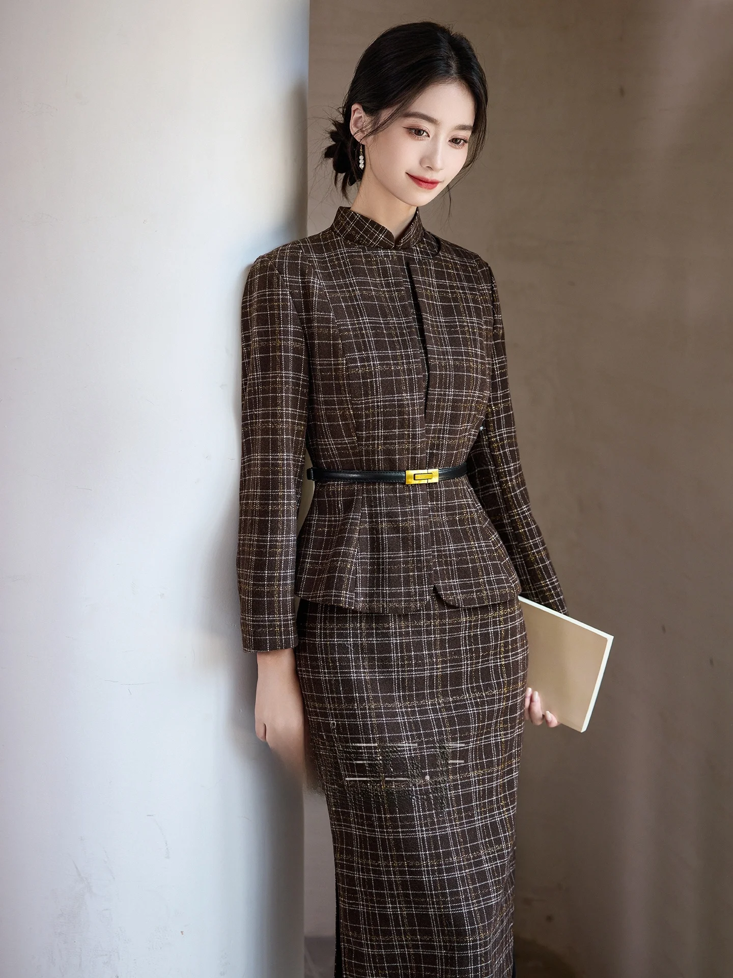Young Style Long Sleeve  Set Waist-Cinched Suitable for Office Wear Daily Low Slit Chinese Artistic Long Dress
