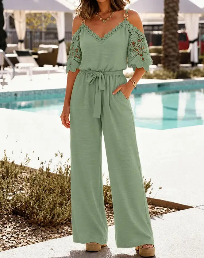 Mono para mujer con hombros descubiertos, cadena dorada y encaje, overol con patchwork, novedad primavera 2026, mono de pierna cónica con bolsillos y cinturón