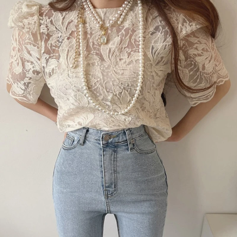 2023 Sexy Mesh Elegant Summer Shirts Korean See Through Embroidery Lace Blouse with Lining Two Piece Sets for Women Tops