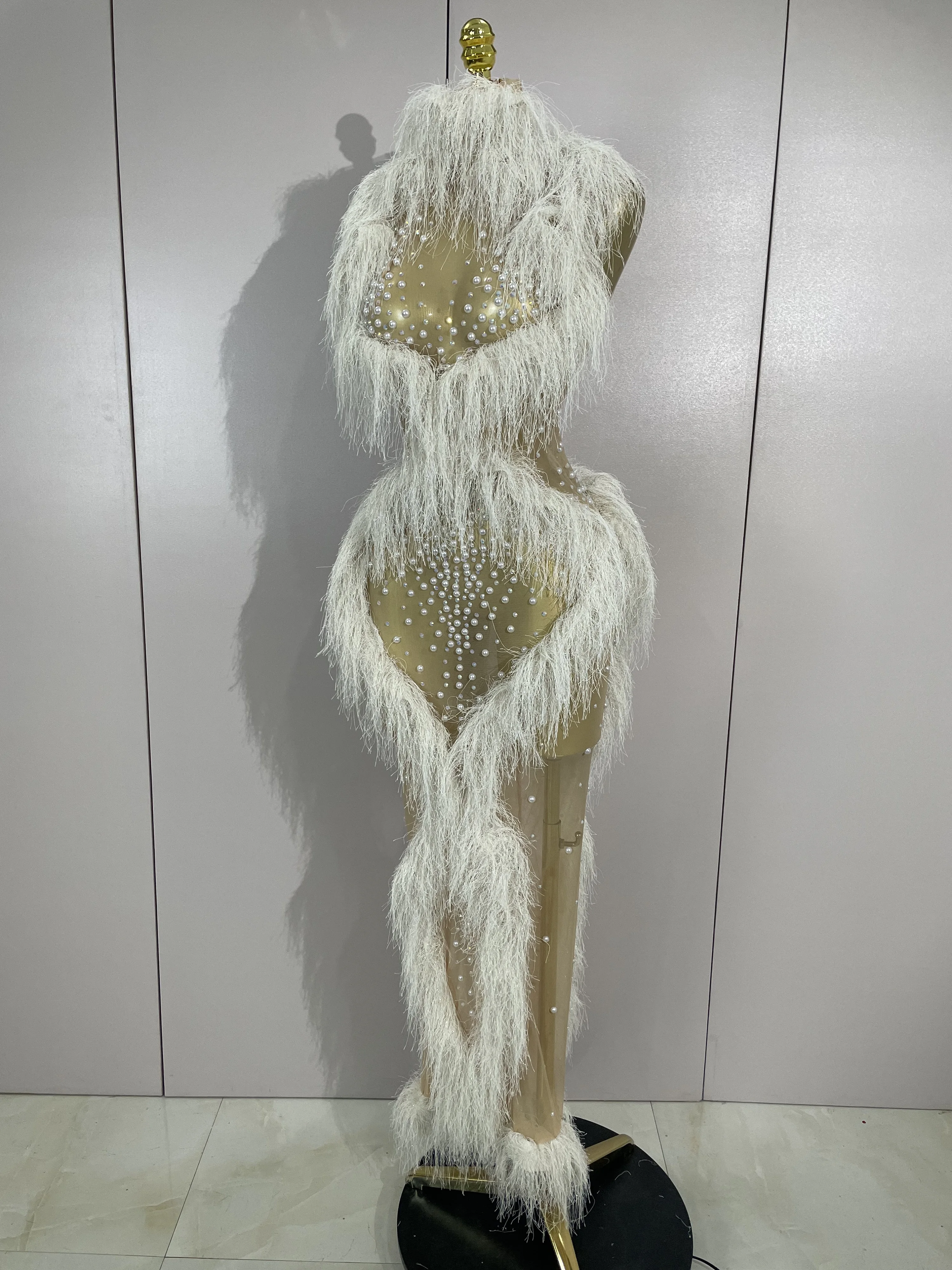 2026 New Sparkly Pearl Tassel Mesh See Through Long Dress Women Sexy Luxury Birthday Prom Party Nightclub Singer Stage Costume - Image 2