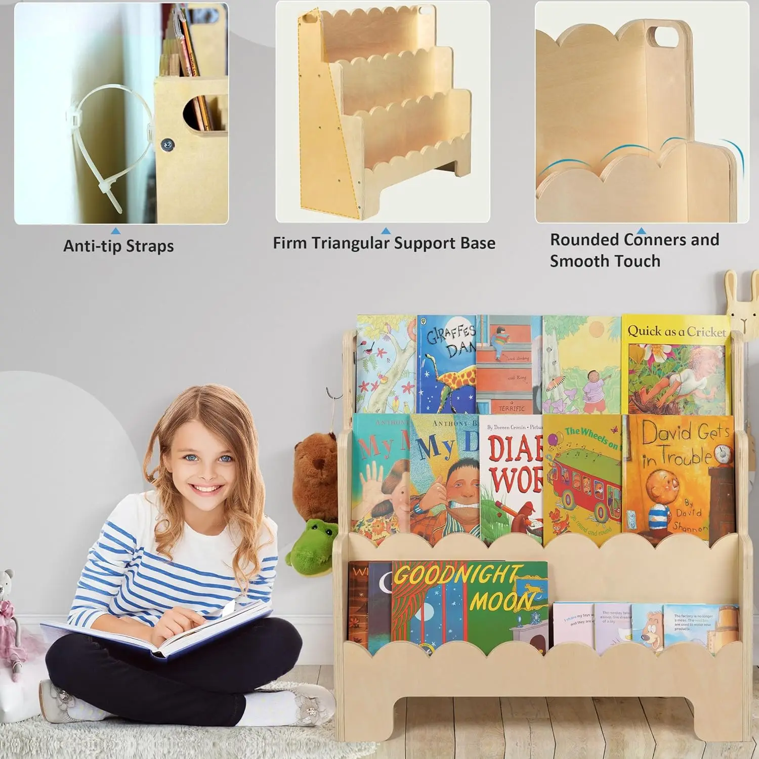 Bibliothèque en bois à 3 niveaux, étagère à livres festonnée pour chambres d'enfants, bibliothèque Montessori pour tout-petits face à l'avant, étagère à livres pour bébé