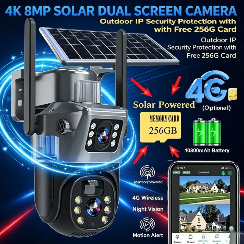 Ip Camera Outdoor 4K - ソーラー電源4K 8MP監視カメラ、SIMカード対応、デュアルスクリーン屋外IPカメラ、256GBカード無料、物件監視用