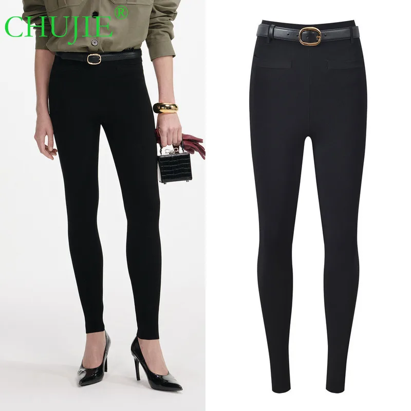

CHUJIE 2025 Autumn Winter New Slim Fit Elegant Versatile High Waist Black Leggings Casual Fashion Pencil Pants（(including Belt)）