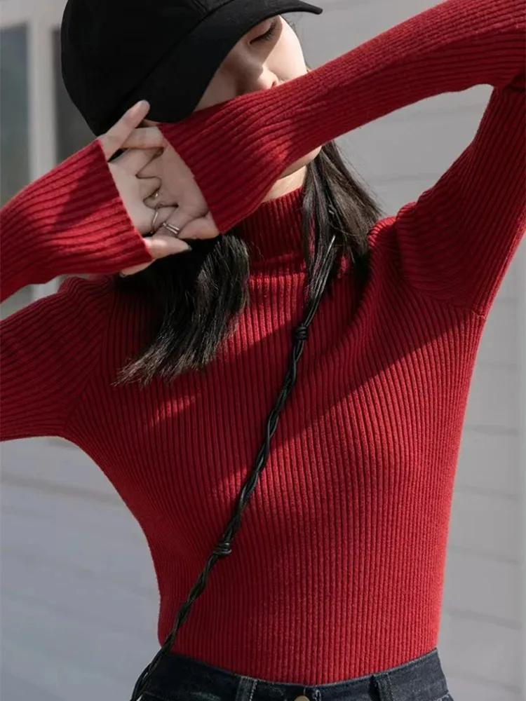 Autumn Winter 2025 Women Sweater Long Sleeve Knitted Turtleneck Ribbed Pull Sweater Soft Warm Femme Jumper Pullover