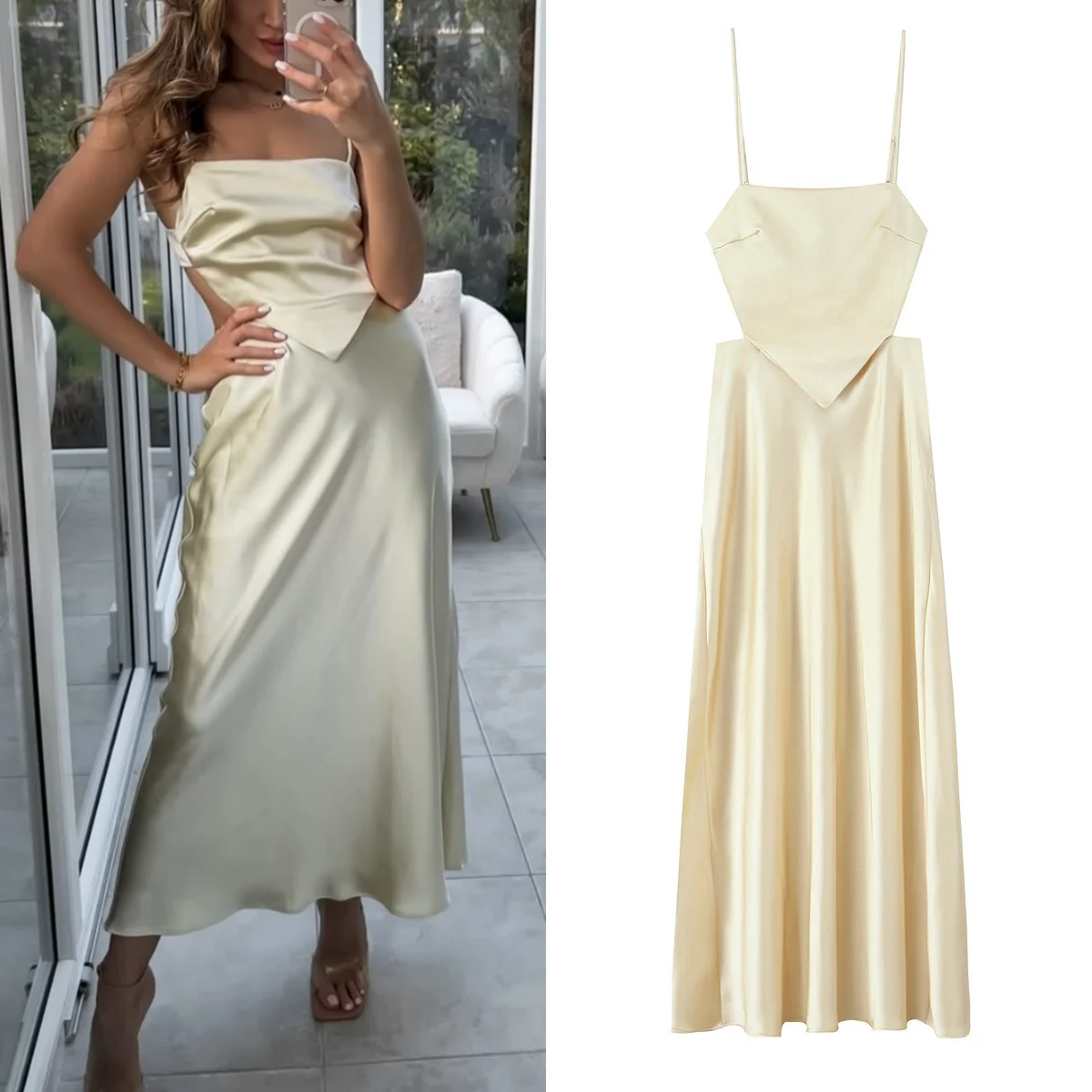 

Summer Women Beach Style Side Zipper Sleeveless Backless Lace-up Decoration Dresses Women Solid Satin Texture Sling Dress