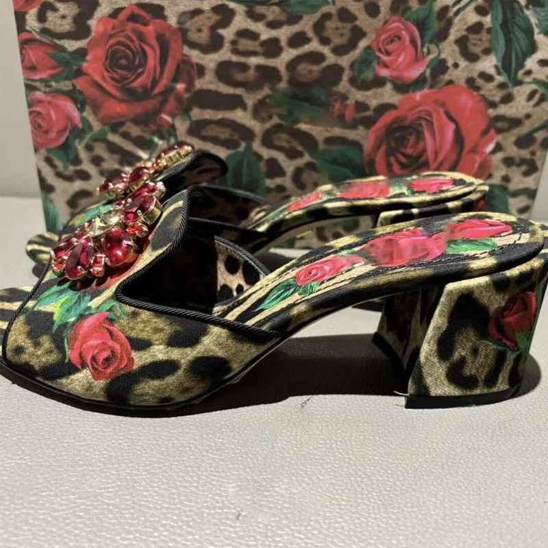 Leopard Rose Print Rhinestone Flower Block Heel Mules Slippers Woman Summer 2026 Open Toe Slip On High Heel Sandals Party