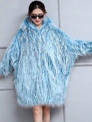 Nerazzurri Winter Oversized Warm Thick Shaggy Faux Fur Coat women Bat Sleeved Loose Blue Hairy Furry Mongolian Sheep Fur Jacket