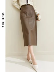 SENTUBILA Split Faux Leather Skirt Women 2024 Autumn Winter Elegant Female Coffee Straight Midi Pu Skirt Patch Pockets 133Q51119