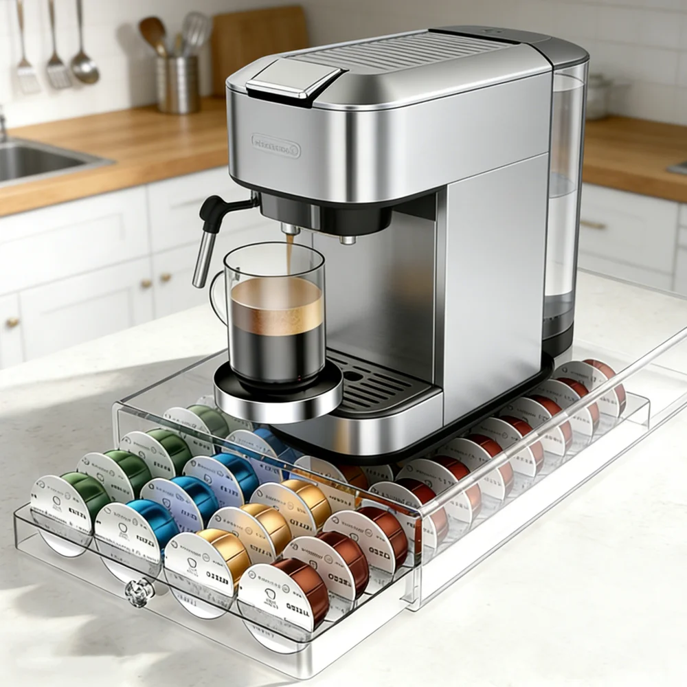 

40Pcs Coffee Pods Holder Acrylic Drawer Dispenser, Nespresso and Vertuoline Capsules Organizer, Coffee Capsules Bin Storage