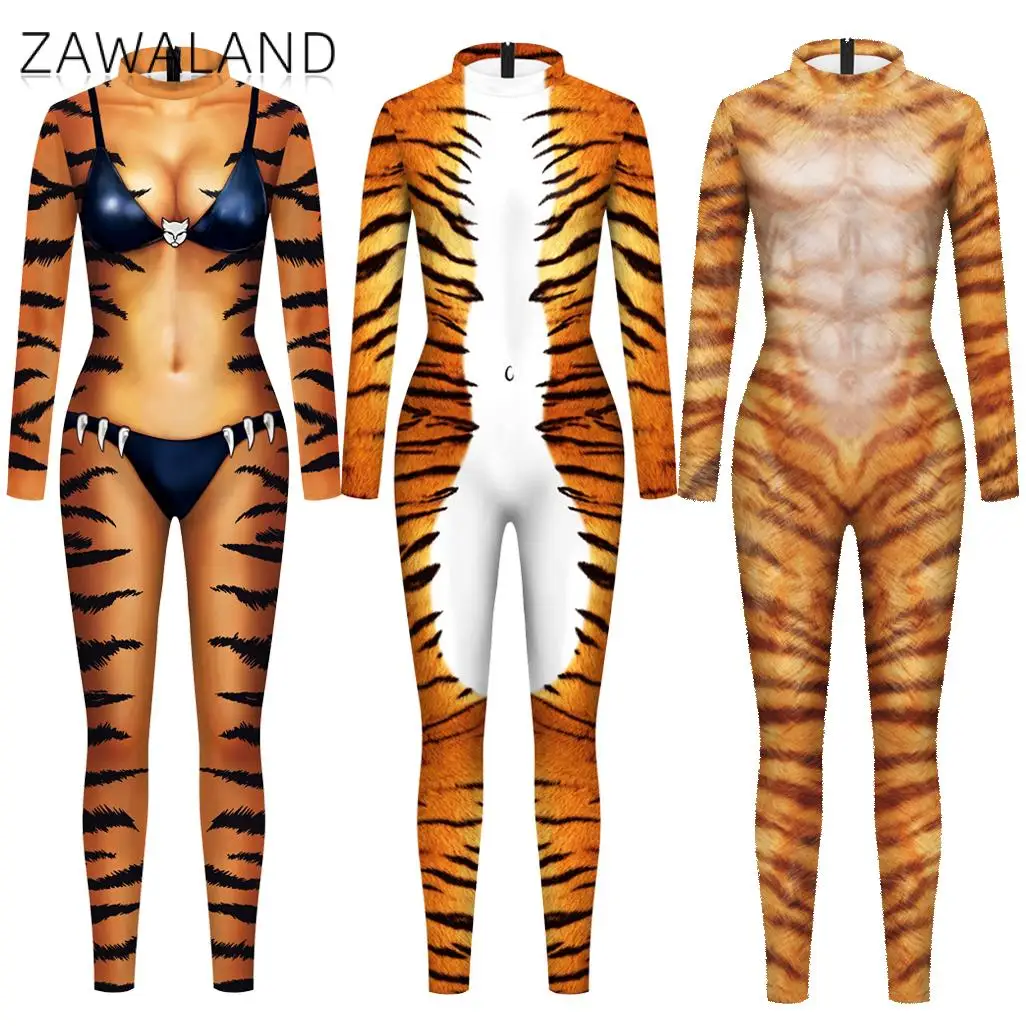 Zawaland Halloween Costumes For Women Cosplay Animal Leopard Print Long Sleeve Carnival Zentai Catsuits Bodysuits Fancy Outfits