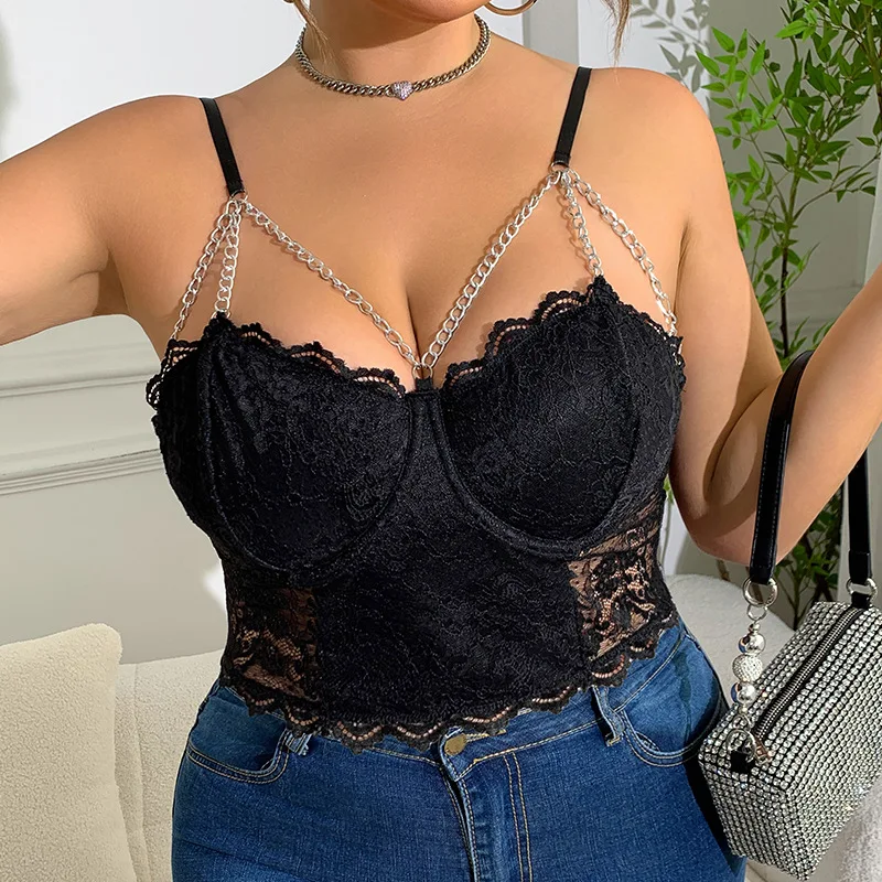 

Curvy Women Black Lace Corset Top With Chain Straps Underwire Bustier Sheer Mesh Eyelash Trim Sexy Cropped Camisole